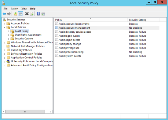 Audit Policies in the Local Security Policy window on Windows 2003