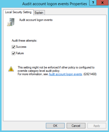 Audit Policy properties dialog on Windows 2003