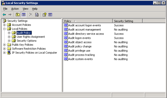 Audit Policies in the Local Security Policy window on Windows 2003