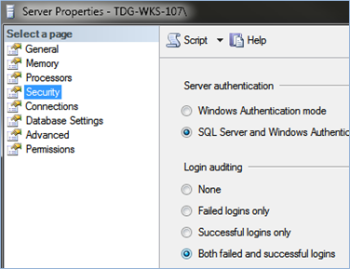 SQL Server Properties dialog