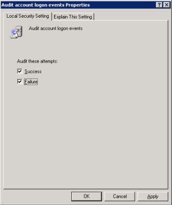 Audit Policy properties dialog on Windows 2003