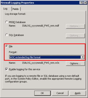 Log tab of the Firewall Logging Properties dialog