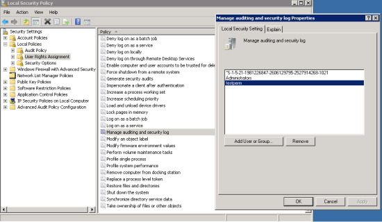 Local Security Policy dialog and the Local Security Setting tab