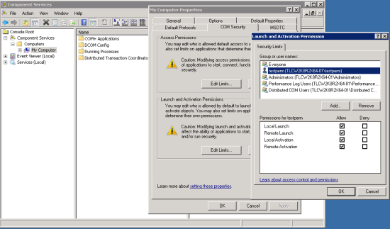 The Component Services dialog, the COM Security tab in the My Computer Properties dialog, and the Launch and Activation Permission dialog