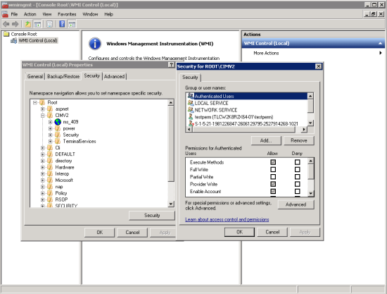 The wmimgmt, WMI Control Properties, and Security dialogs