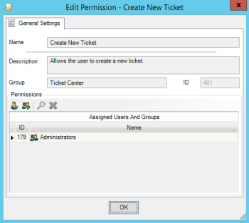 Event Ticket Permissions dialog