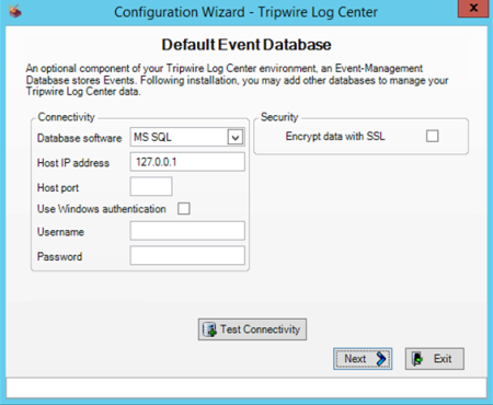 Default Event Database page for MS SQL