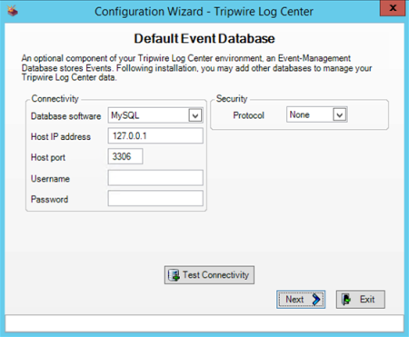 Default Event Database page for MySQL