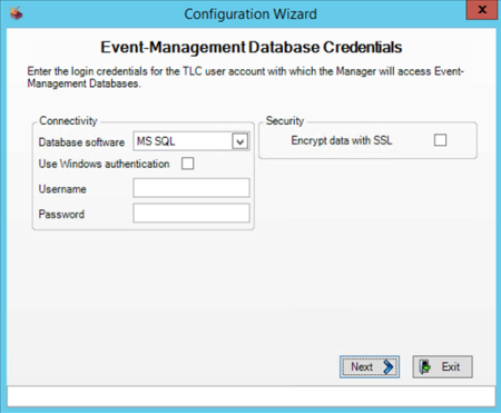 Event-Management Database Credentials page for MS SQL
