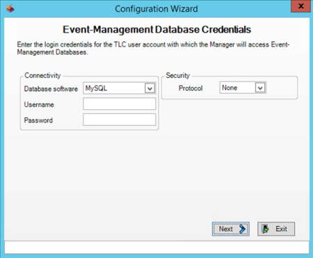 Event-Management Database Credentials page for MySQL