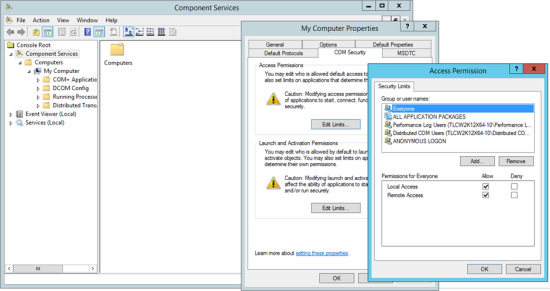 The Component Services dialog, the COM Security tab in the My Computer Properties dialog, and the Launch and Activation Permission dialog