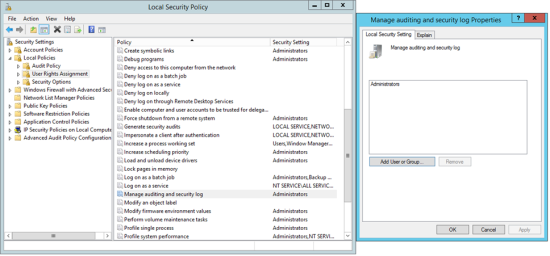 Local Security Policy dialog and the Local Security Setting tab