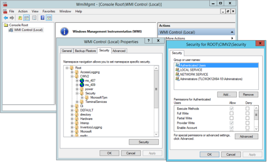 The wmimgmt, WMI Control Properties, and Security dialogs