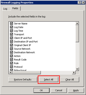 Fields tab of the Firewall Logging Properties dialog